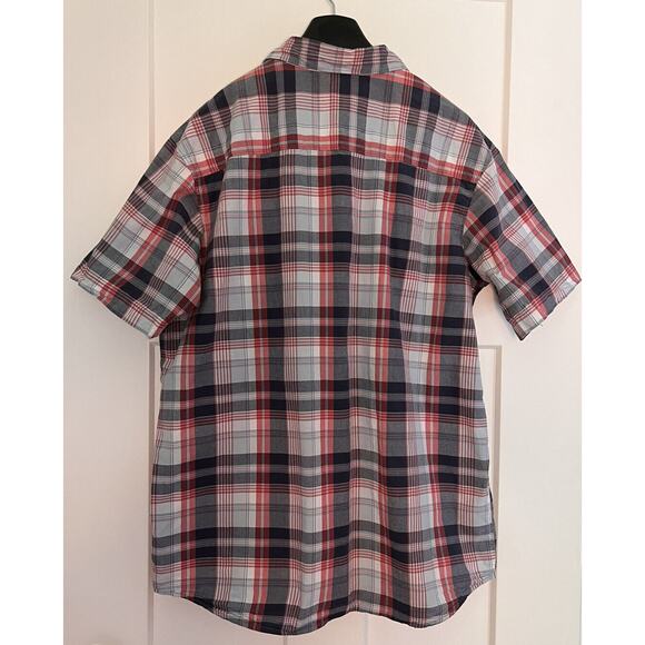 Columbia Red White Blue Plaid Short Sleeve Shirt Size LARGE Cotton - Picture 2 of 8